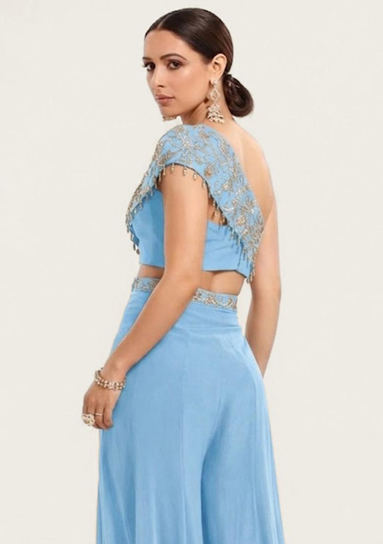 Pastel Blue Embroidered Handwork Fusion Set - Indya