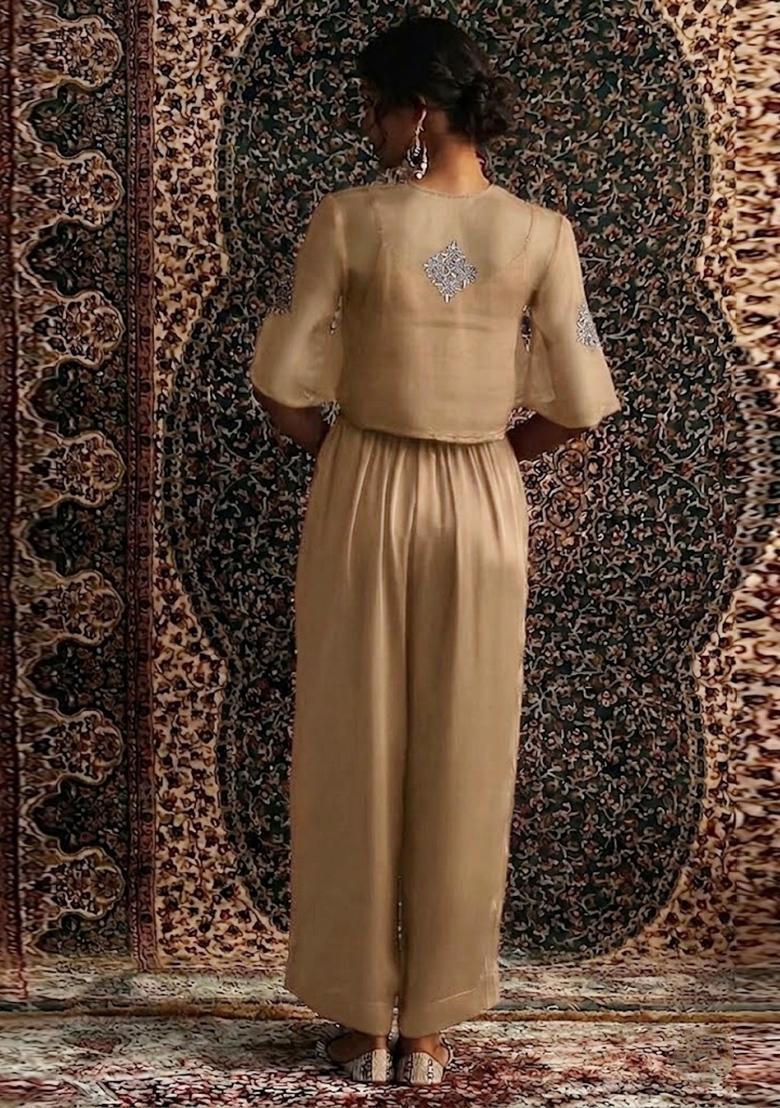 Sand Beige Embroidered Handwork Fusion Set - Indya