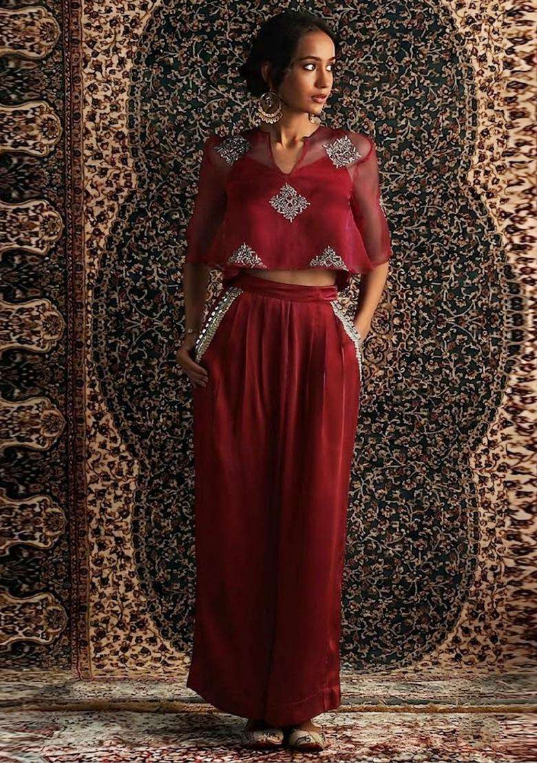 Burgundy Embroidered Handwork Fusion Set - Indya