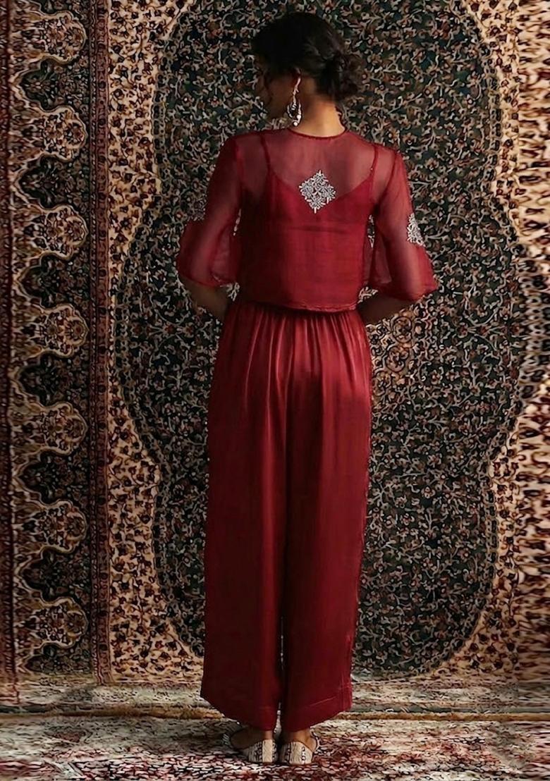 Burgundy Embroidered Handwork Fusion Set - Indya
