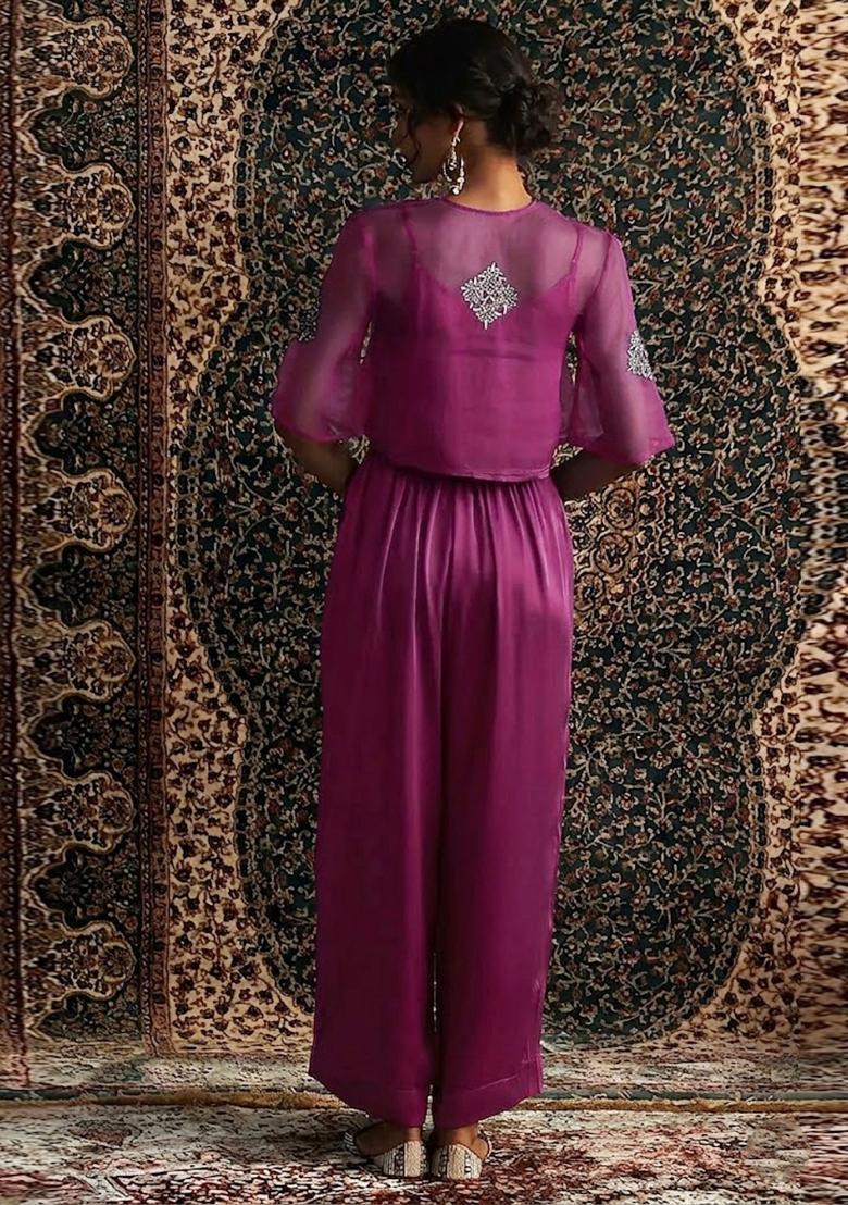 Magenta Pink Embroidered Handwork Fusion Set - Indya