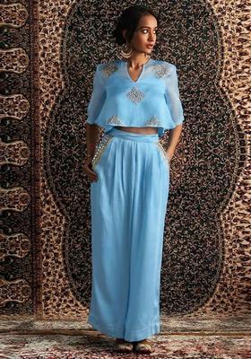 Pastel Blue Embroidered Handwork Fusion Set