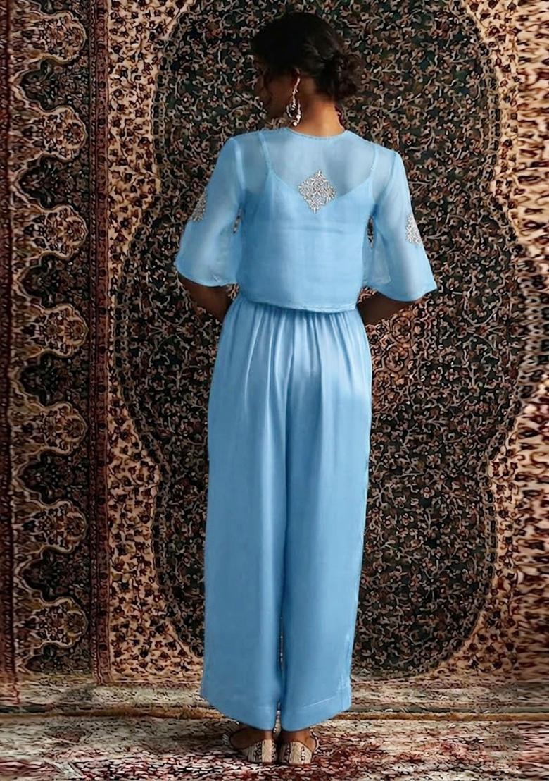 Pastel Blue Embroidered Handwork Fusion Set - Indya