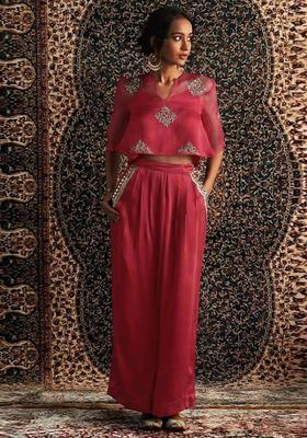 Deep MAroon Embroidered Handwork Fusion Set