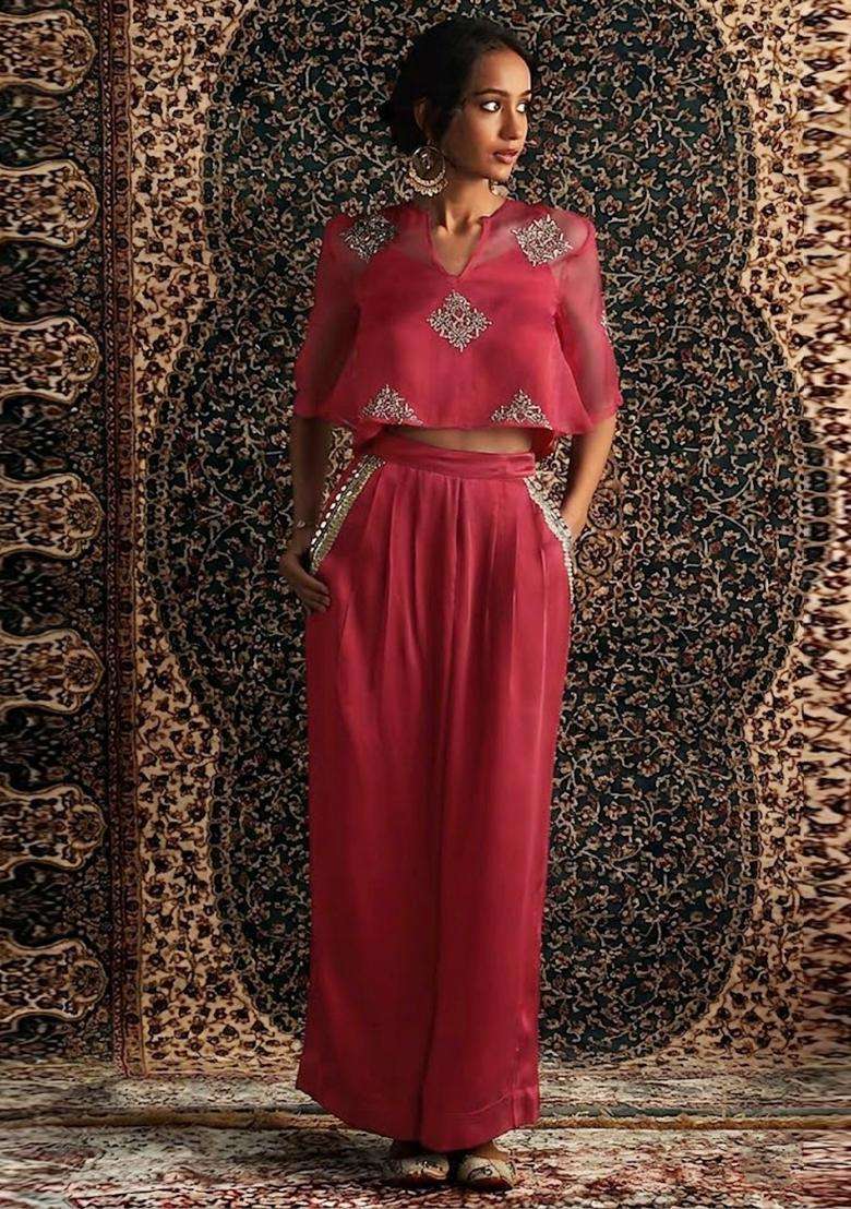 Deep MAroon Embroidered Handwork Fusion Set - Indya