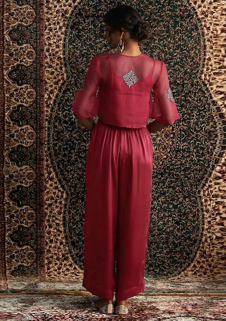 Deep MAroon Embroidered Handwork Fusion Set - Indya