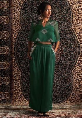 Bottle Green Embroidered Handwork Fusion Set
