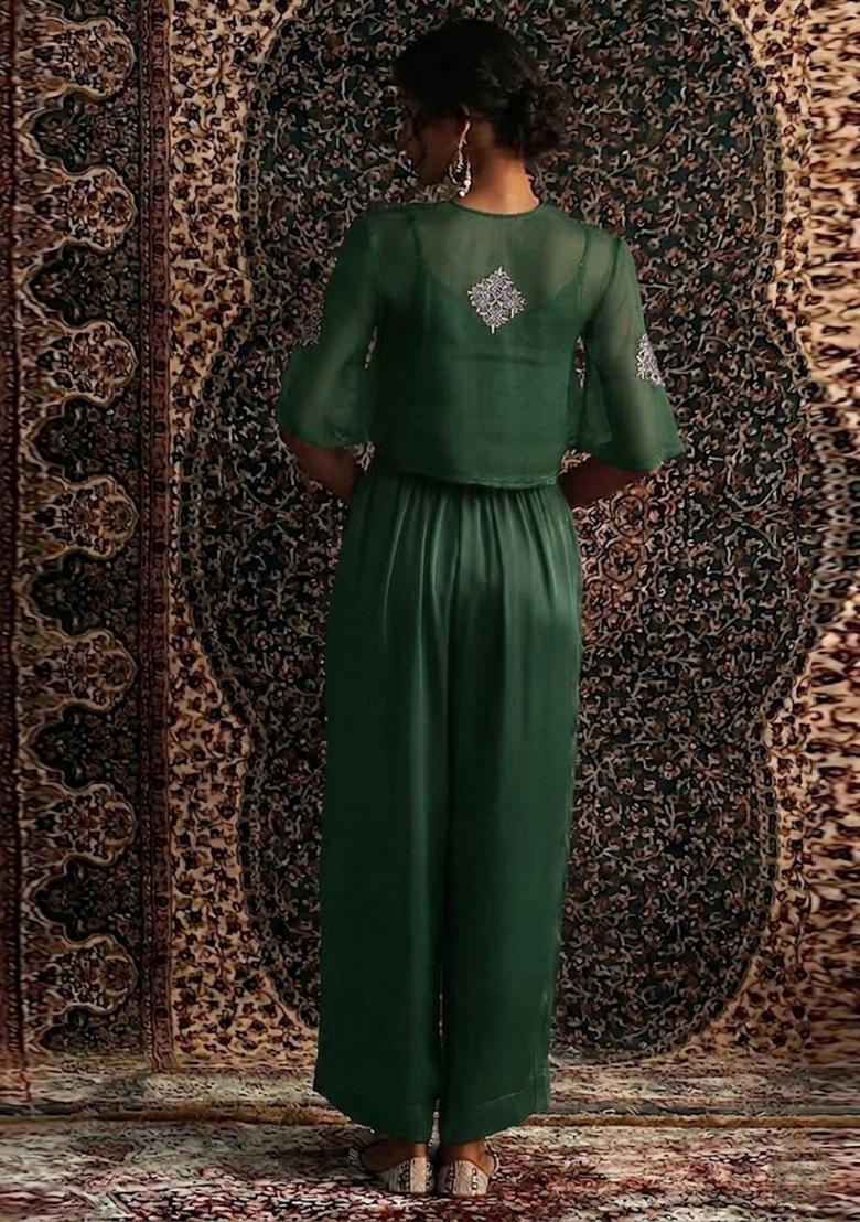 Bottle Green Embroidered Handwork Fusion Set - Indya