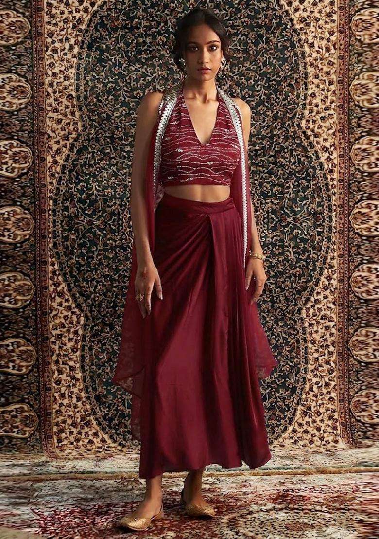 Maroon Embroidered Handwork Fusion Set - Indya