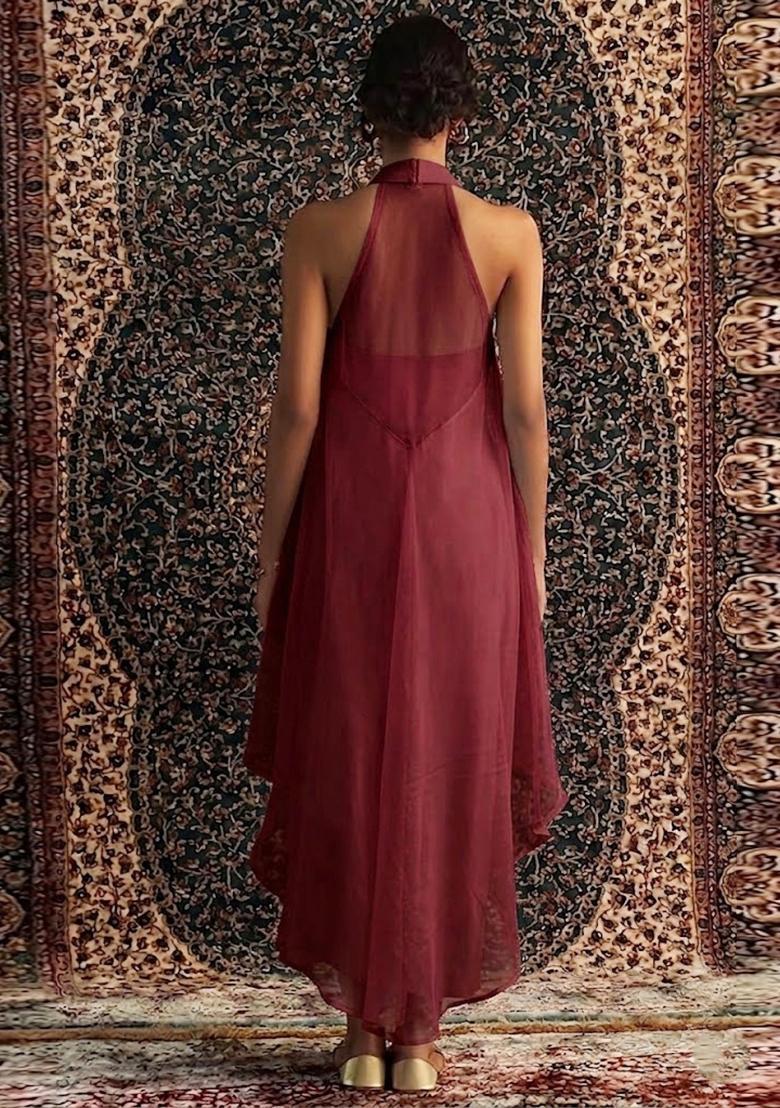 Maroon Embroidered Handwork Fusion Set - Indya