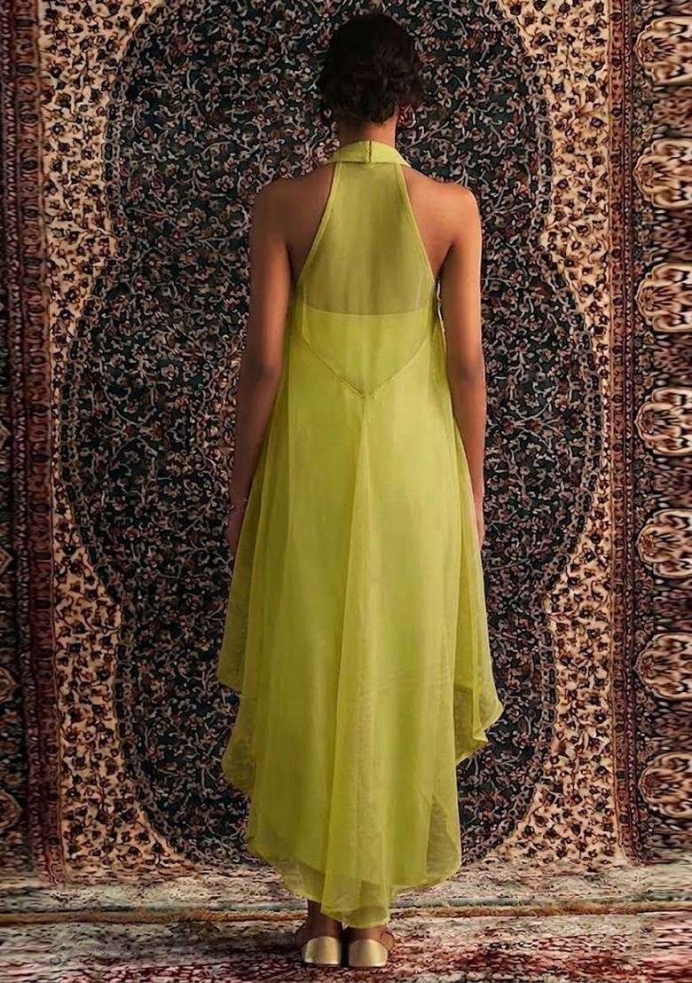 Lime Green Embroidered Handwork Fusion Set - Indya