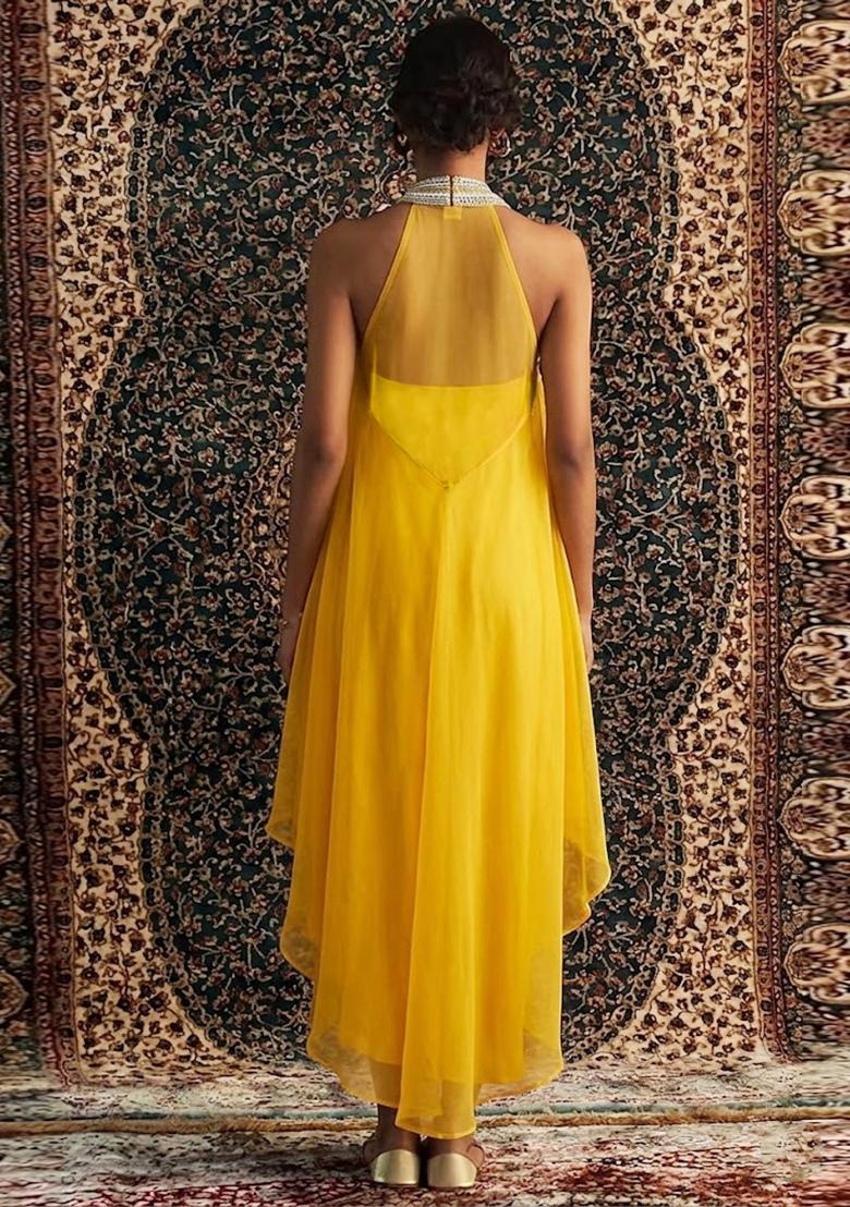 Yellow Embroidered Handwork Fusion Set - Indya