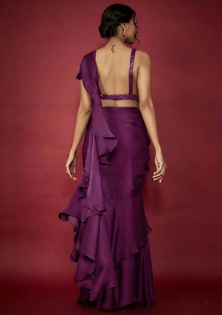 Deep Purple Embroidered Handwork Pre Draped Saree Set - Indya