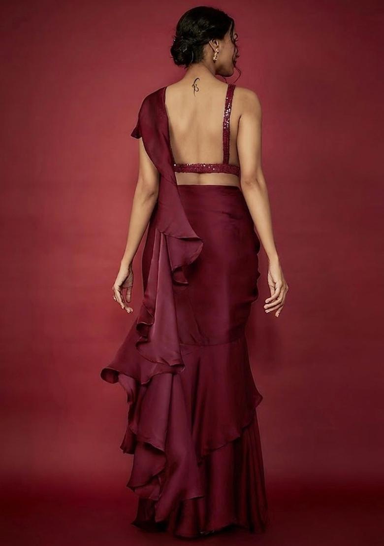 Deep Brown Embroidered Handwork Pre Draped Saree Set - Indya