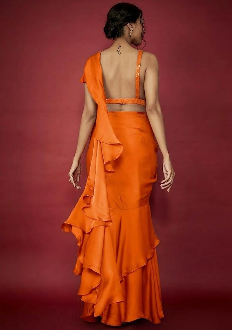 Orange Embroidered Handwork Pre Draped Saree Set - Indya
