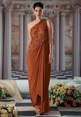 Brown Embroidered Handwork Fusion Set