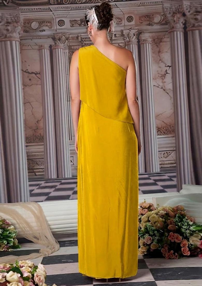 Yellow Embroidered Handwork Fusion Set - Indya