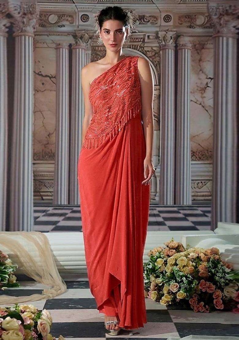 Orange Embroidered Handwork Fusion Set - Indya