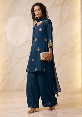 Dark Blue Embroidered Handwork Kurta Set