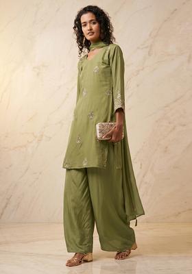 Olive Green Embroidered Handwork Kurta Set