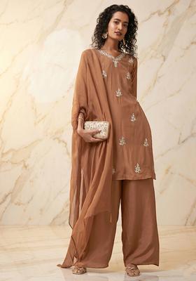 Copper Brown Embroidered Handwork Kurta Set