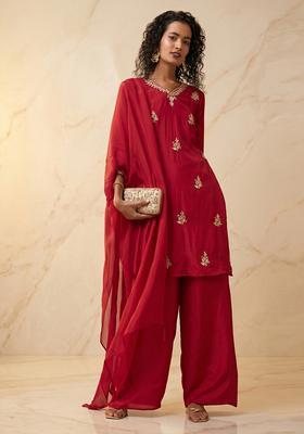 Cherry Red Embroidered Handwork Kurta Set