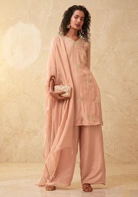 Peach Embroidered Handwork Kurta Set