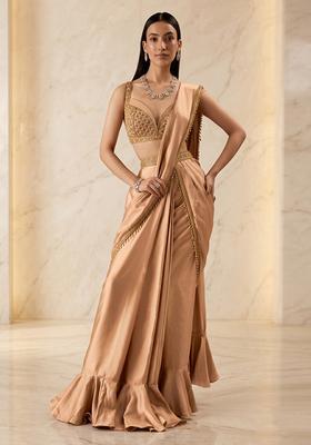 Peach Embroidered Handwork Pre Draped Saree Set