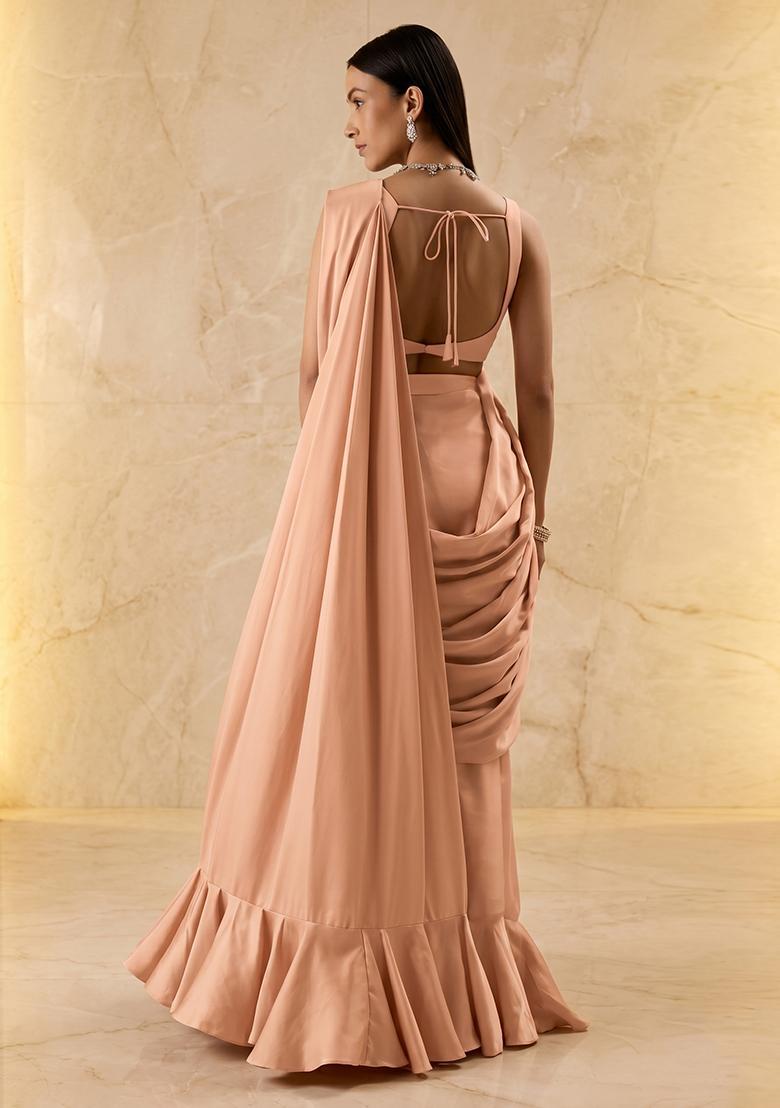 Peach Embroidered Handwork Pre Draped Saree Set - Indya