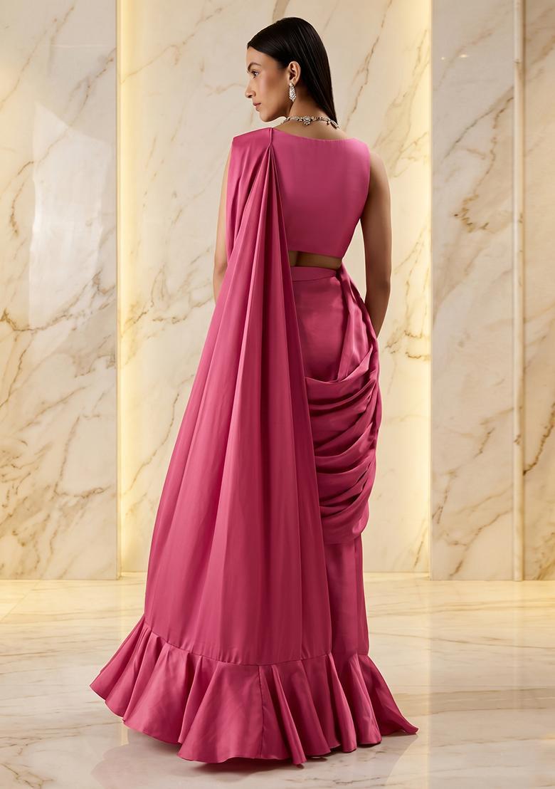 Pink Embroidered Handwork Pre Draped Saree Set - Indya