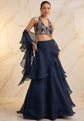 Dark Blue Embroidered Handwork Lehenga Set