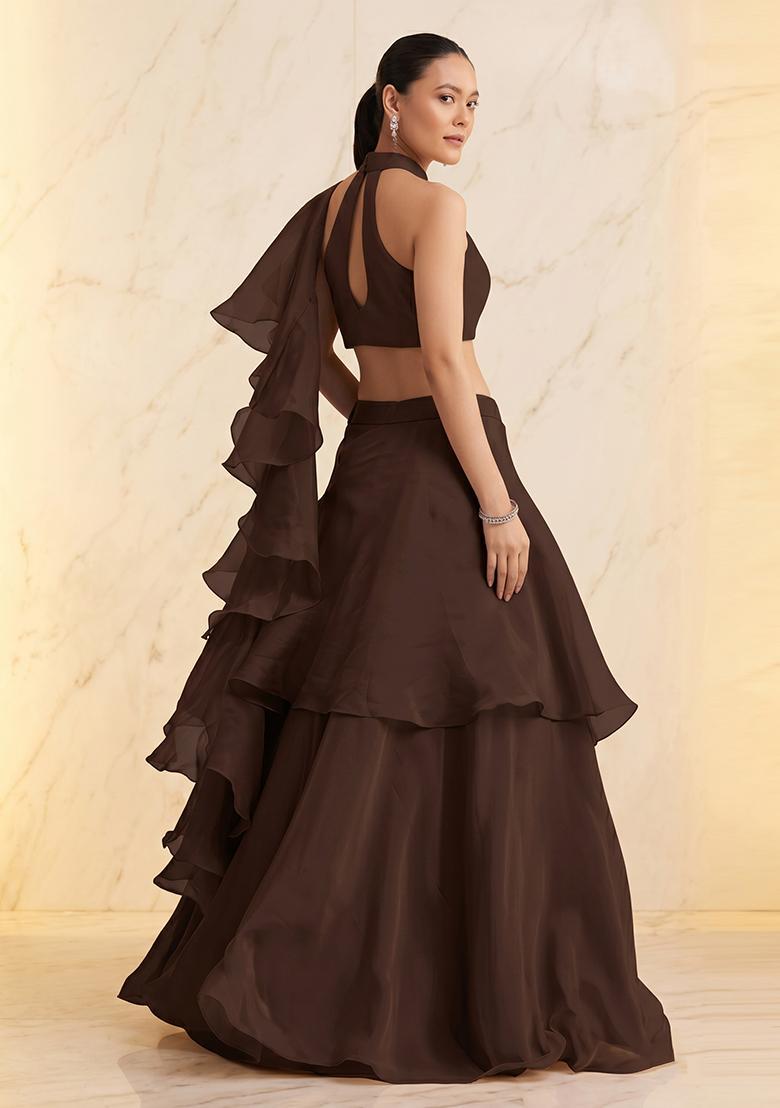 Deep Brown Embroidered Handwork Lehenga Set - Indya