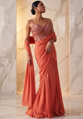 Coral Peach Embroidered Handwork Pre Draped Saree Set