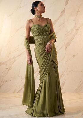 Olive Green Embroidered Handwork Pre Draped Saree Set