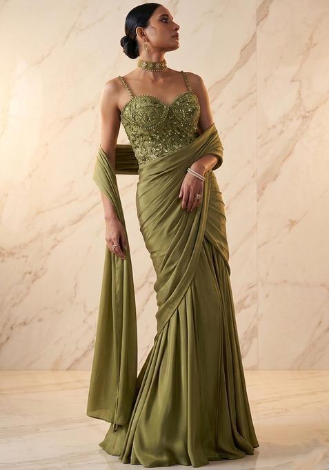Olive Green Embroidered Handwork Pre Draped Saree Set