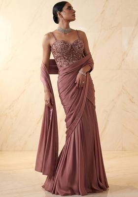 Mauve Embroidered Handwork Pre Draped Saree Set