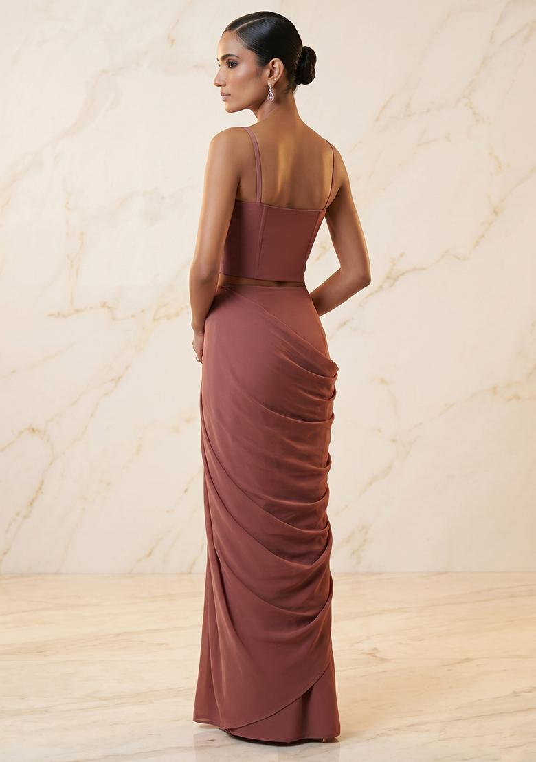 Mauve Embroidered Handwork Pre Draped Saree Set - Indya
