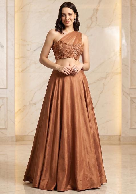 Burnt Orange Embroidered Handwork Lehenga Set