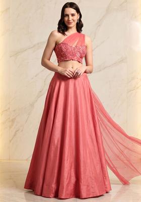 Coral Pink Embroidered Handwork Lehenga Set