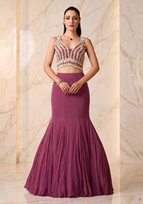 Magenta Pink Embroidered Handwork Lehenga Set