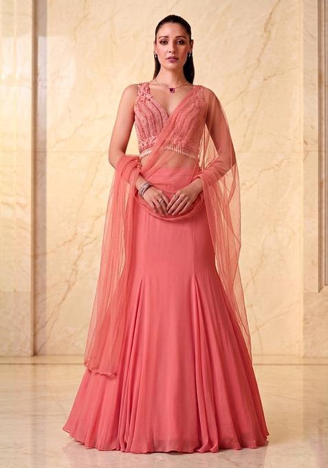 Coral Pink Embroidered Handwork Lehenga Set