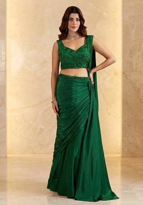 Bottle Green Embroidered Handwork Pre Draped Saree Set