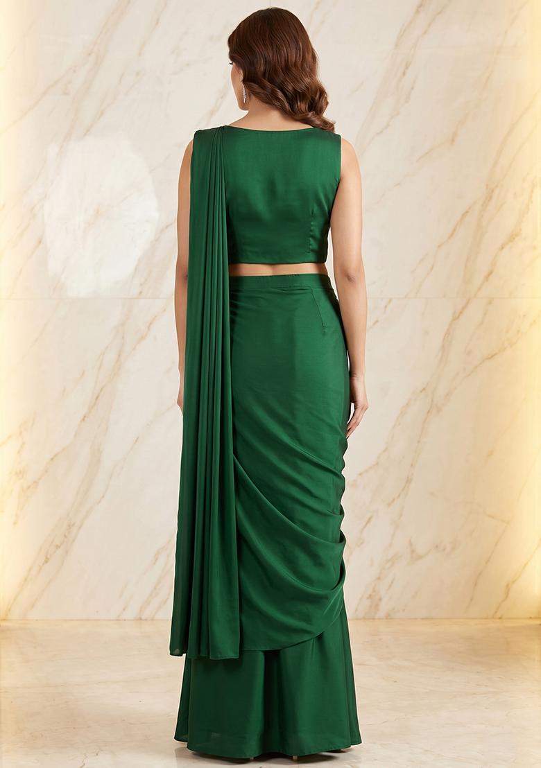 Bottle Green Embroidered Handwork Pre Draped Saree Set - Indya