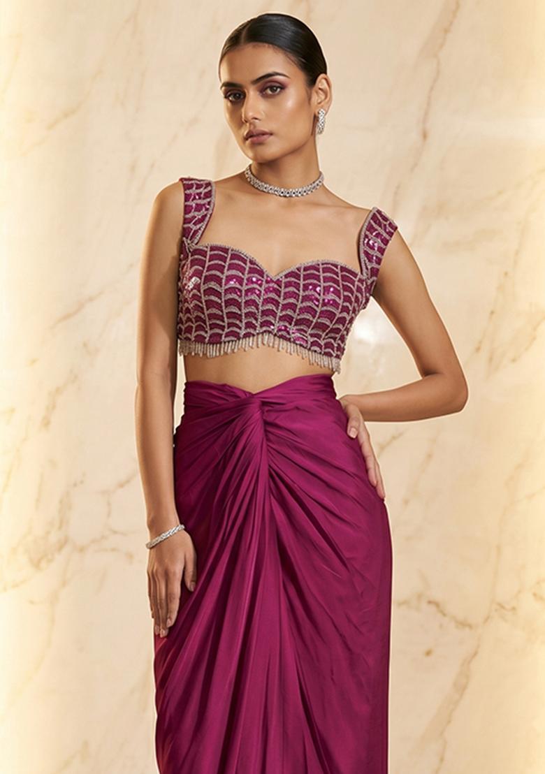 Hot Pink Embroidered Handwork Fusion Set - Indya