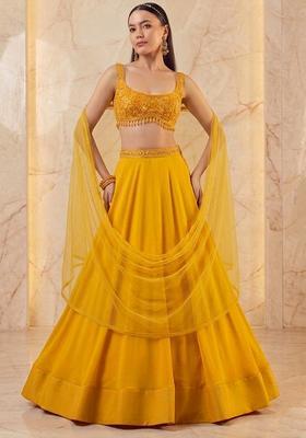 Mustard Yellow Embroidered Handwork Lehenga Set