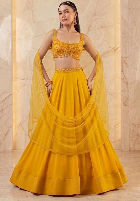 Mustard Yellow Embroidered Handwork Lehenga Set