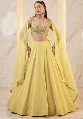 Pastel Yellow Embroidered Handwork Lehenga Set