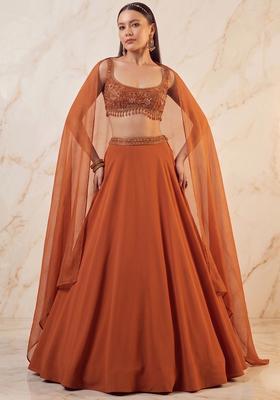 Rust Orange Embroidered Handwork Lehenga Set