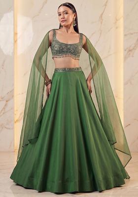 Olive Green Embroidered Handwork Lehenga Set