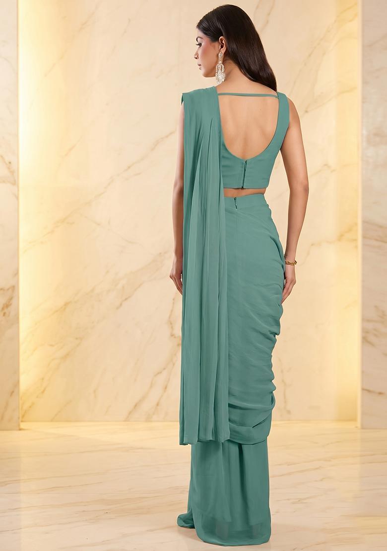 Pastel Green Embroidered Handwork Pre Draped Saree Set - Indya